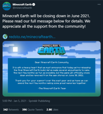 Minecraft Earth is shutting down - McBedrock.com